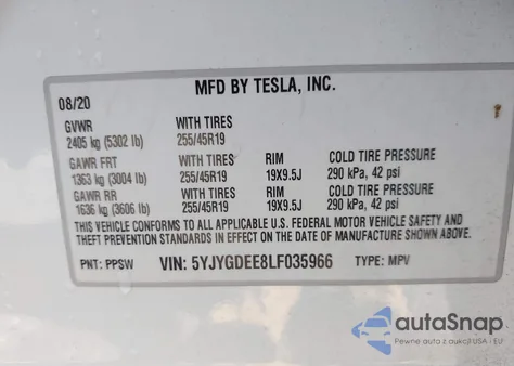 2020 Tesla Model Y Long Range Dual Motor All-Wheel Drive z USA, uszkodzony, nr VIN 5YJYGDEE8LF035966